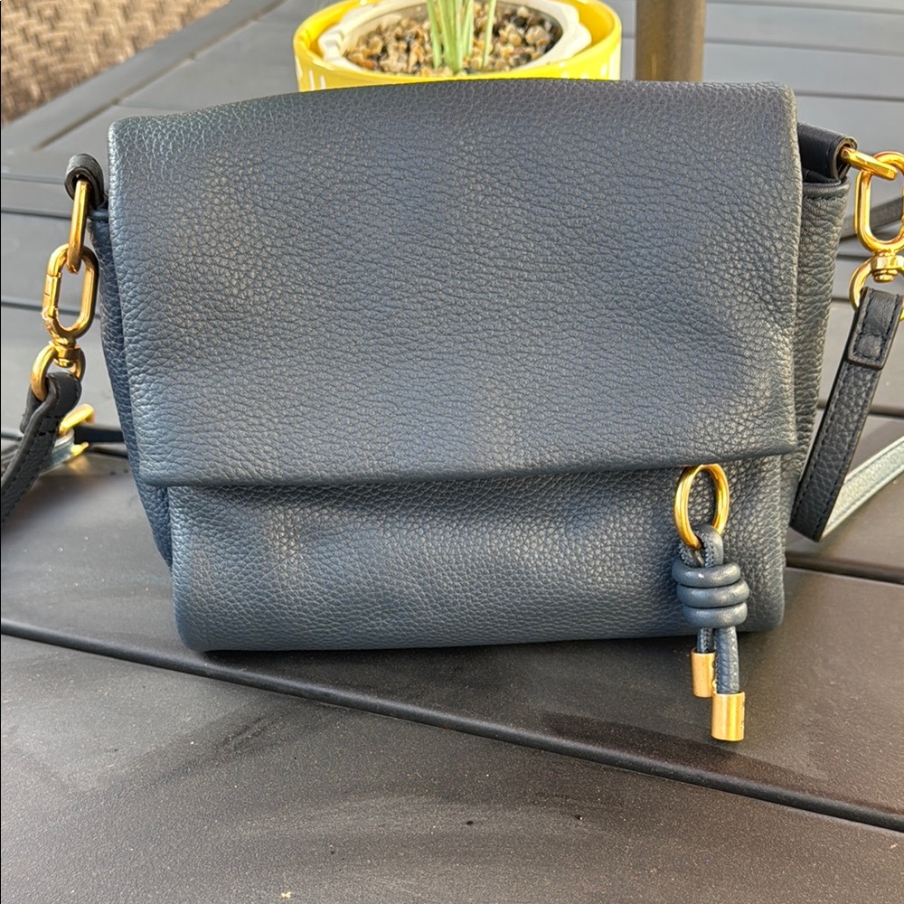 Blue and Gold Leather Crossbody Bag with Adjustable Strap